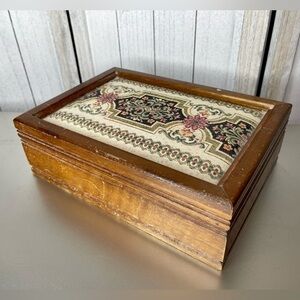 MCM Vintage Wooden Jewelry Box With Floral Tapestry Lid, Mirror Distressed